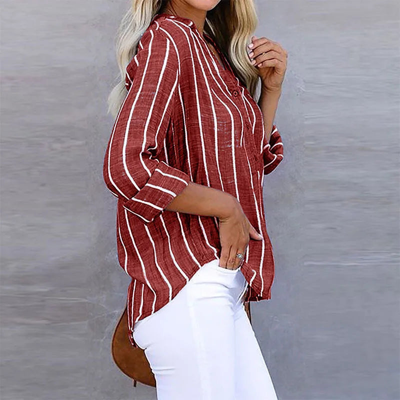 Women's Summer Long Sleeve Blouse with Striped and Buttons