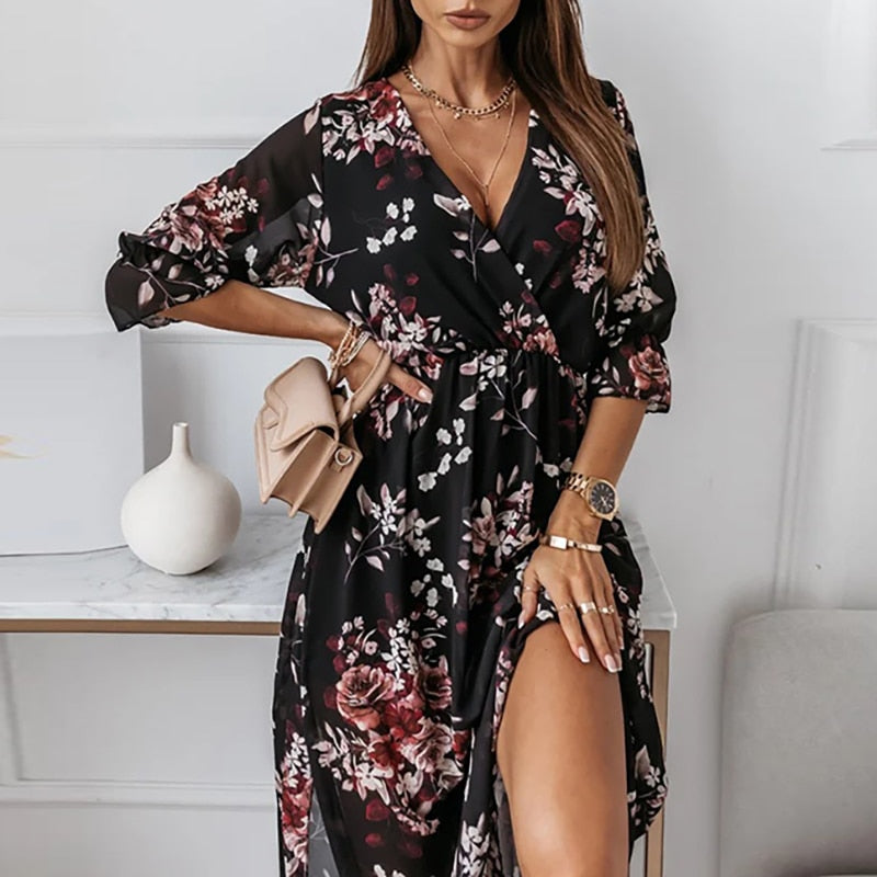 Women's Summer Printed Wrap Dress with V-neck and Half Sleeves