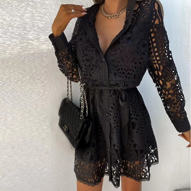 Women's Summer Lace Mini Dress with Long Sleeves and Buttons