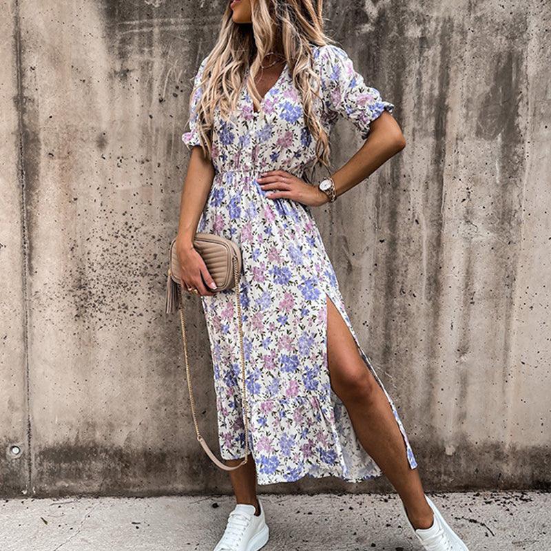 Women's Summer Floral Midi Dress with V-neck and Slit