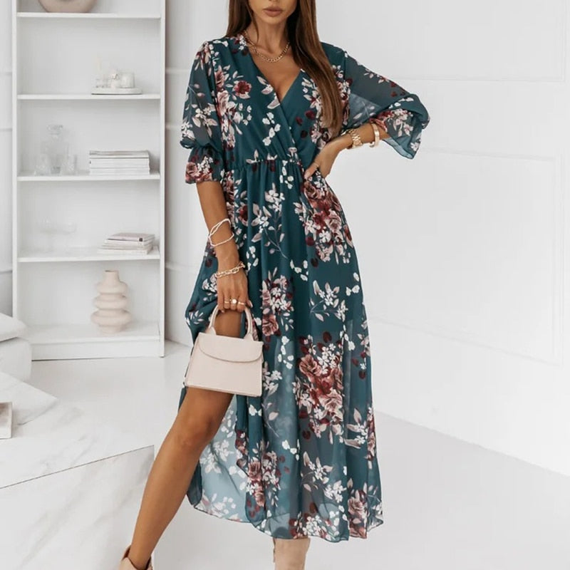 Women's Summer Printed Wrap Dress with V-neck and Half Sleeves