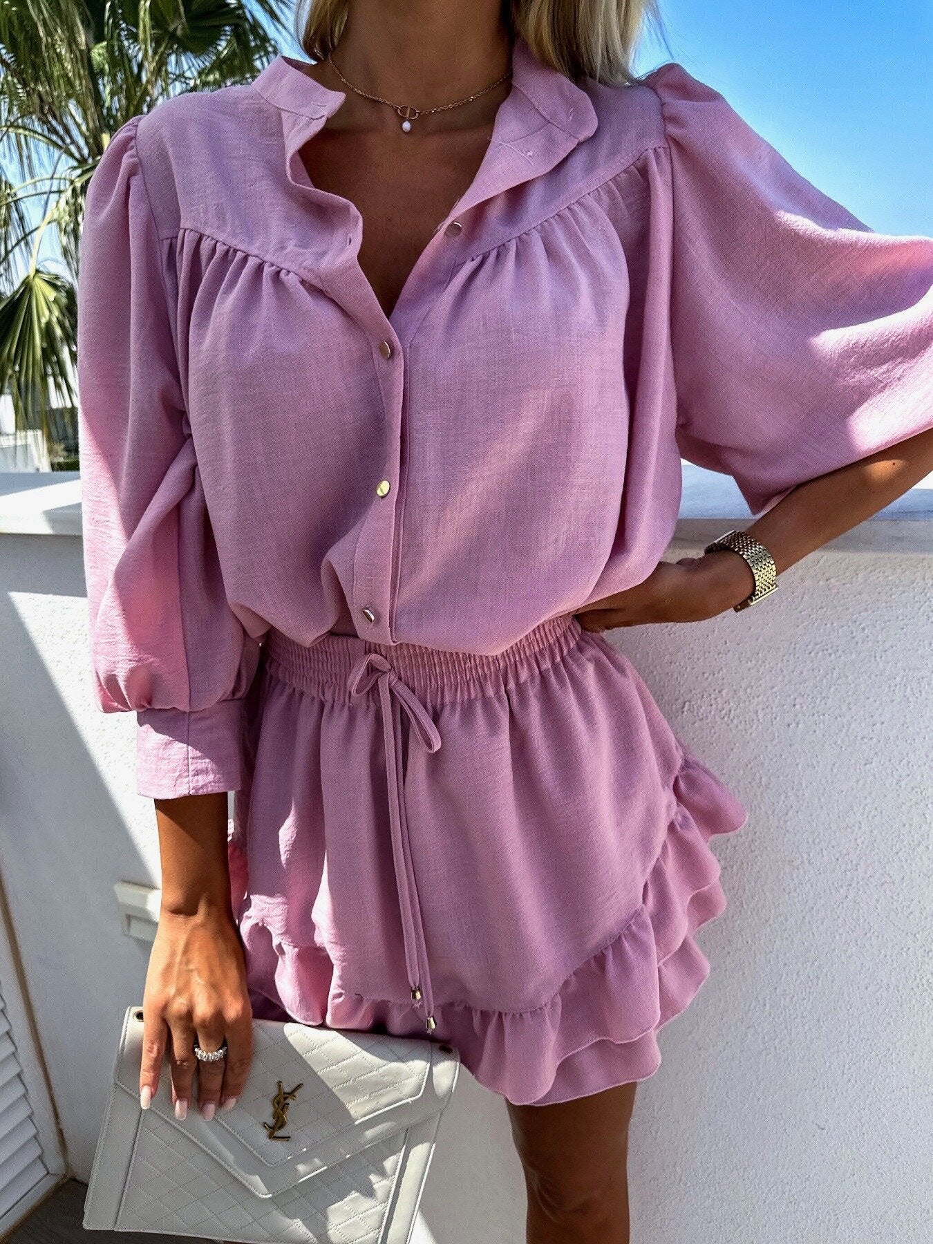 Women's Summer Set with Ruffled Mini Skirt and Puff Sleeves Blouse