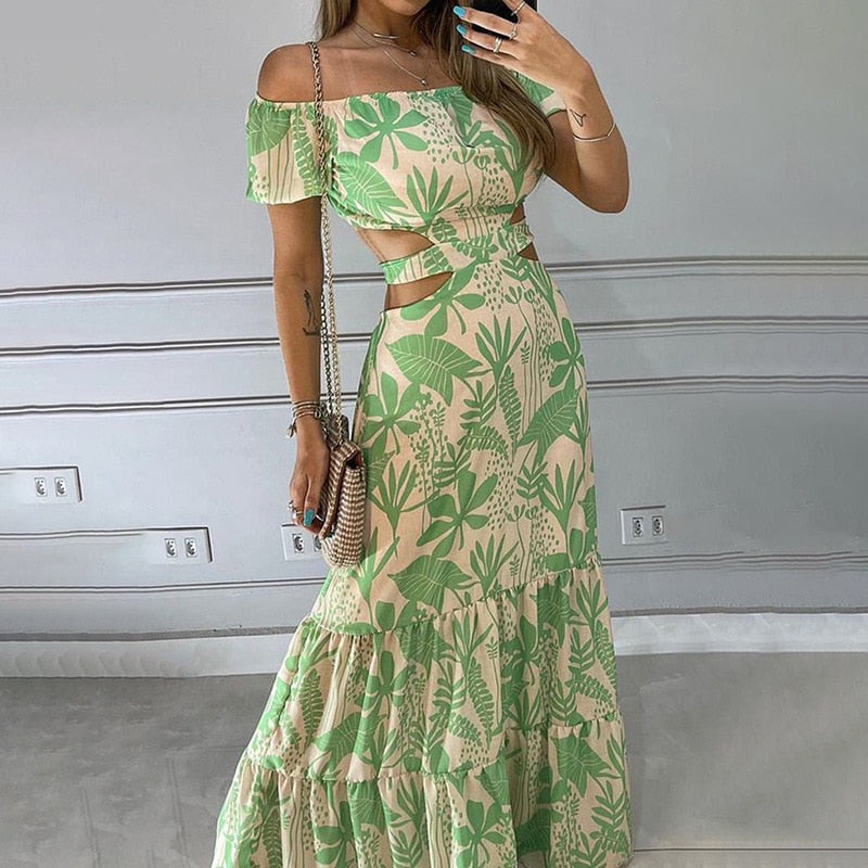 Women's Summer Floral Maxi Dress with Cutout and Tiered Skirt