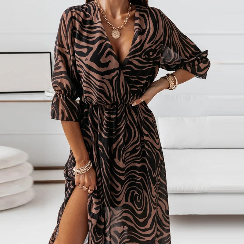 Women's Summer Printed Wrap Dress with V-neck and Half Sleeves