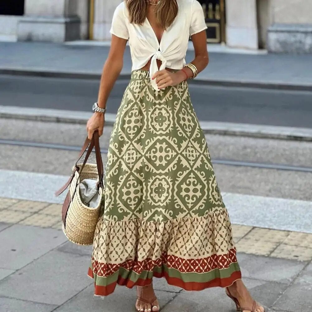 Women's Summer Long Skirt with Tribal Print and Tiered Hem