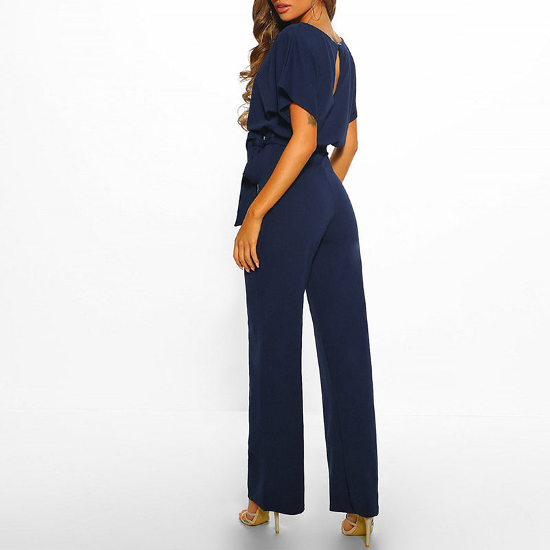 Women's Summer Short Sleeves Jumpsuit with Belt and Boat Neck