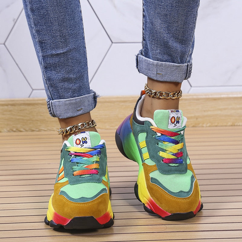 Women's All Season Multicolor Sneakers with Lace-up and Thick Sole