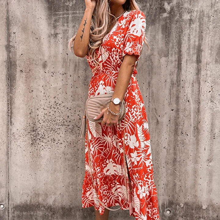 Women's Summer Floral Midi Dress with V-neck and Slit