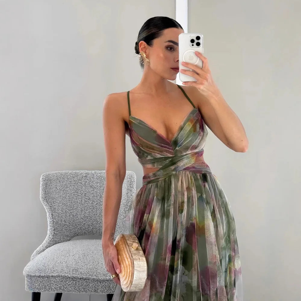 Women's Summer Floral Formal Dress with Sleeveless and Cut-out Style