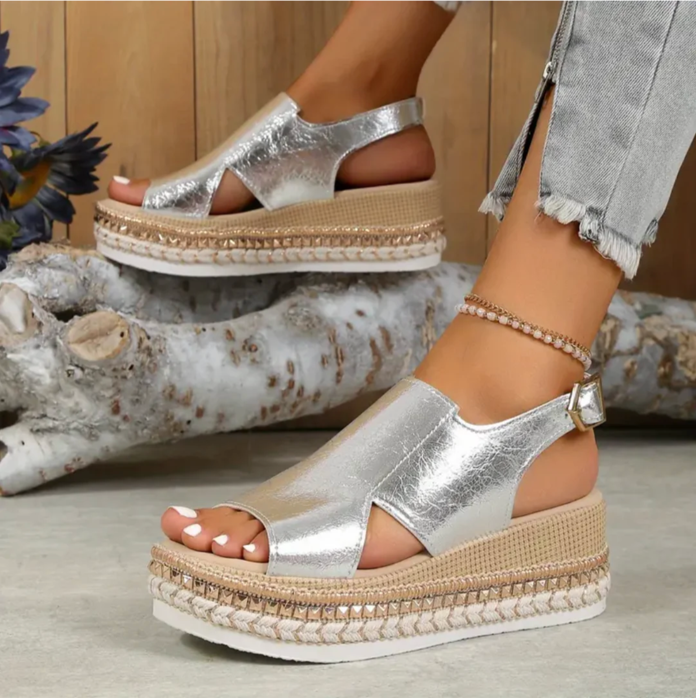 Women's Summer Metallic Espadrille Sandals with Slingback and Open Toe
