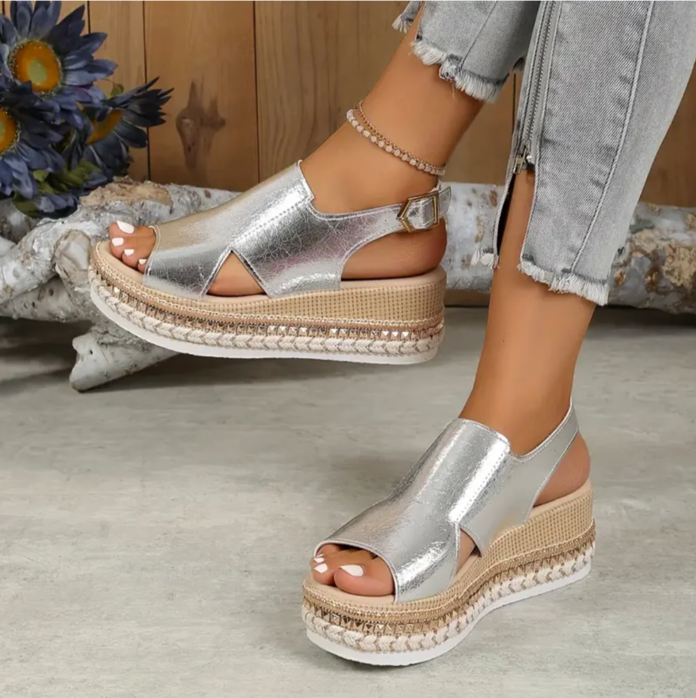 Women's Summer Metallic Espadrille Sandals with Slingback and Open Toe