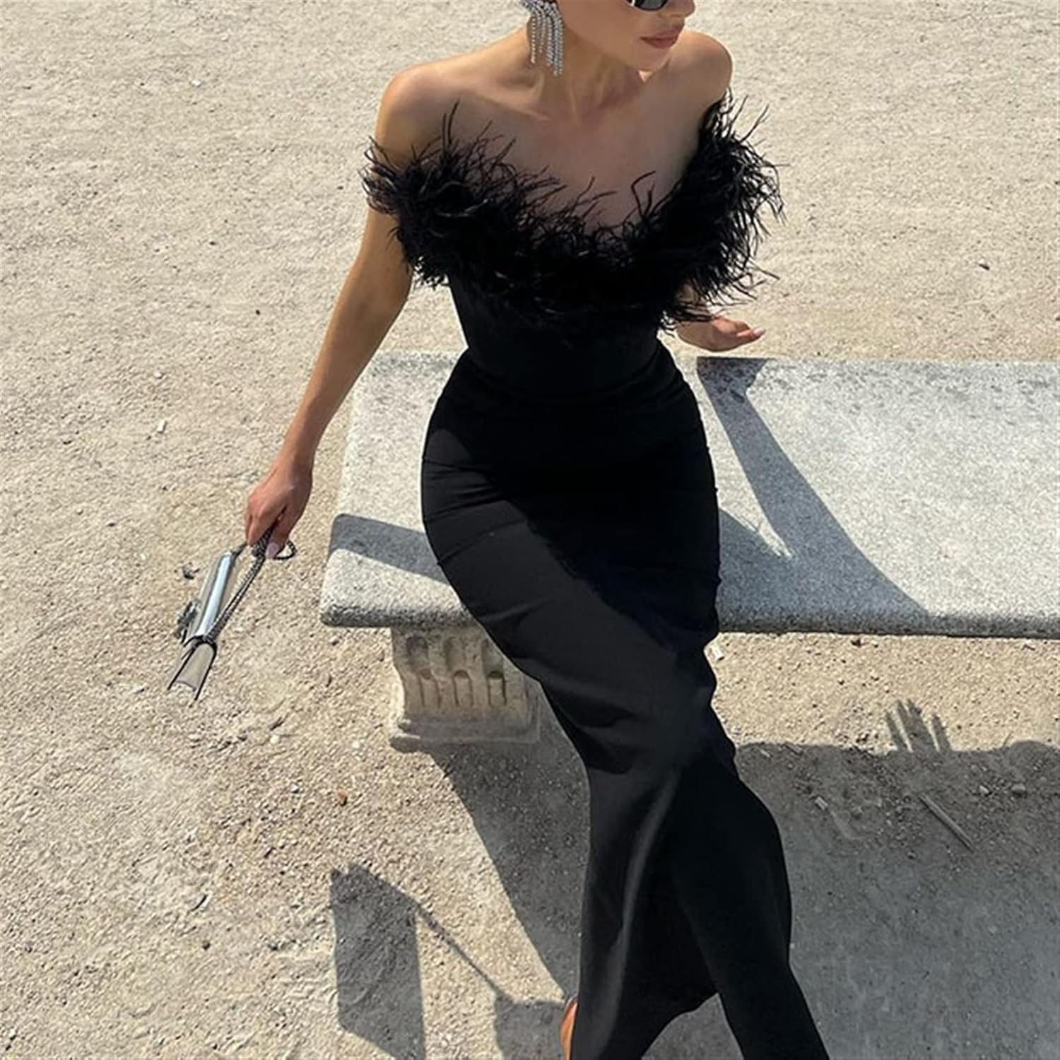 Women's Summer Formal Dress with Strapless and Feathers