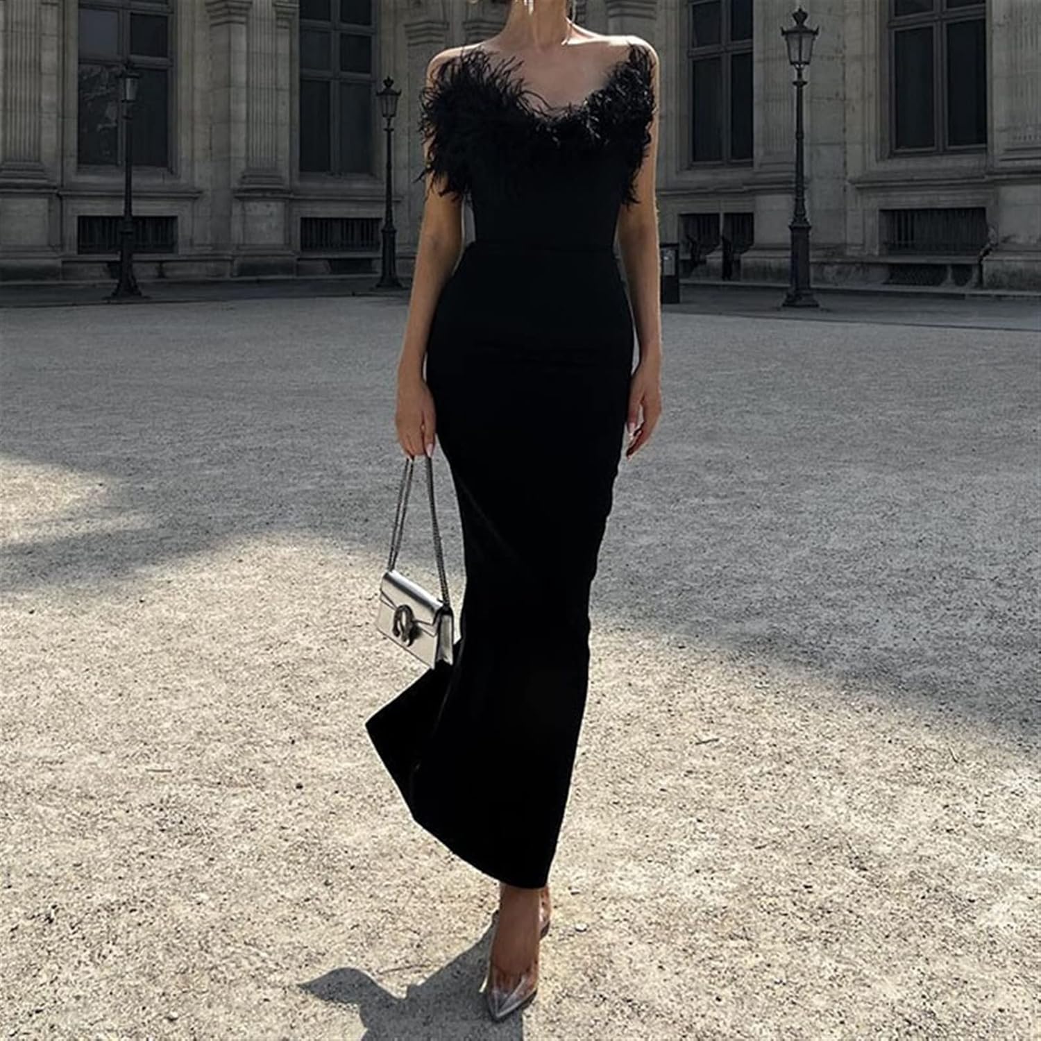 Women's Summer Formal Dress with Strapless and Feathers