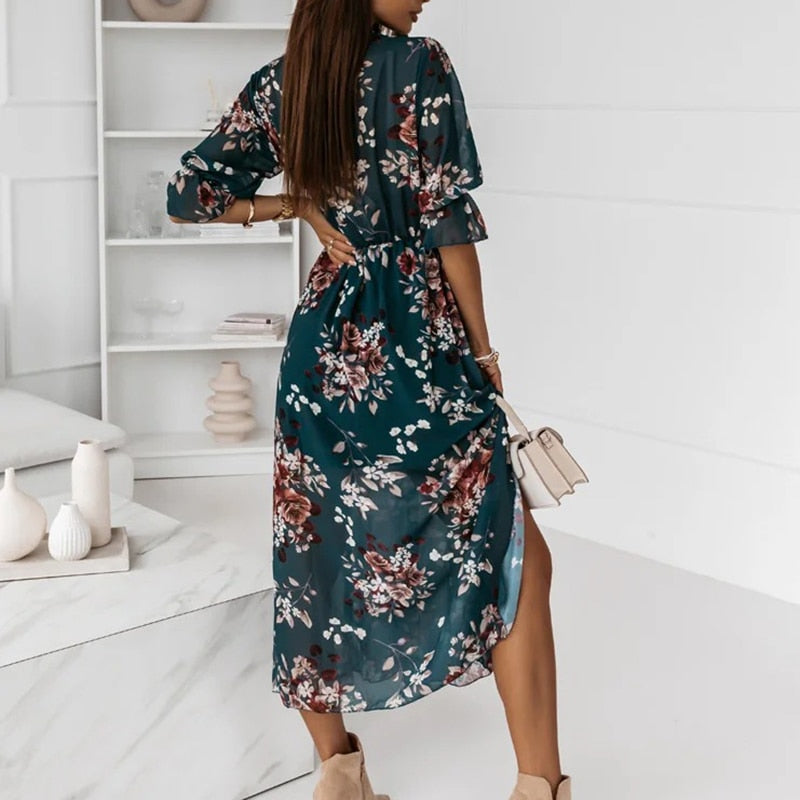 Women's Summer Printed Wrap Dress with V-neck and Half Sleeves
