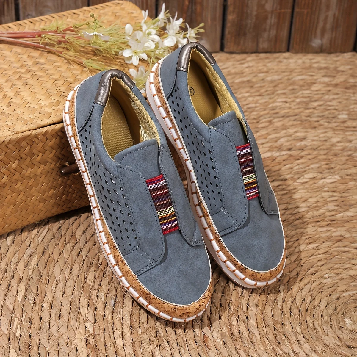 Women's Slip-On Loafers with Multicolor Elastic Band and Perforated Detail