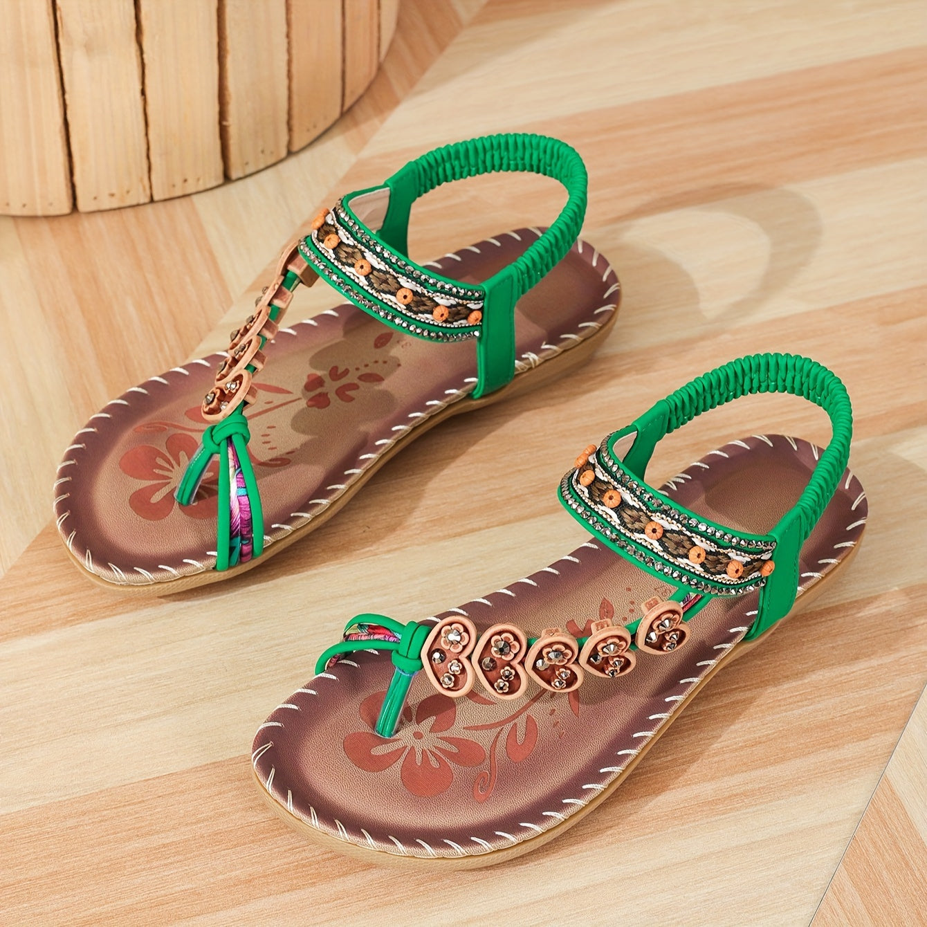 Women's Summer Beaded Sandals with Embroidered Strap and Printed Insole