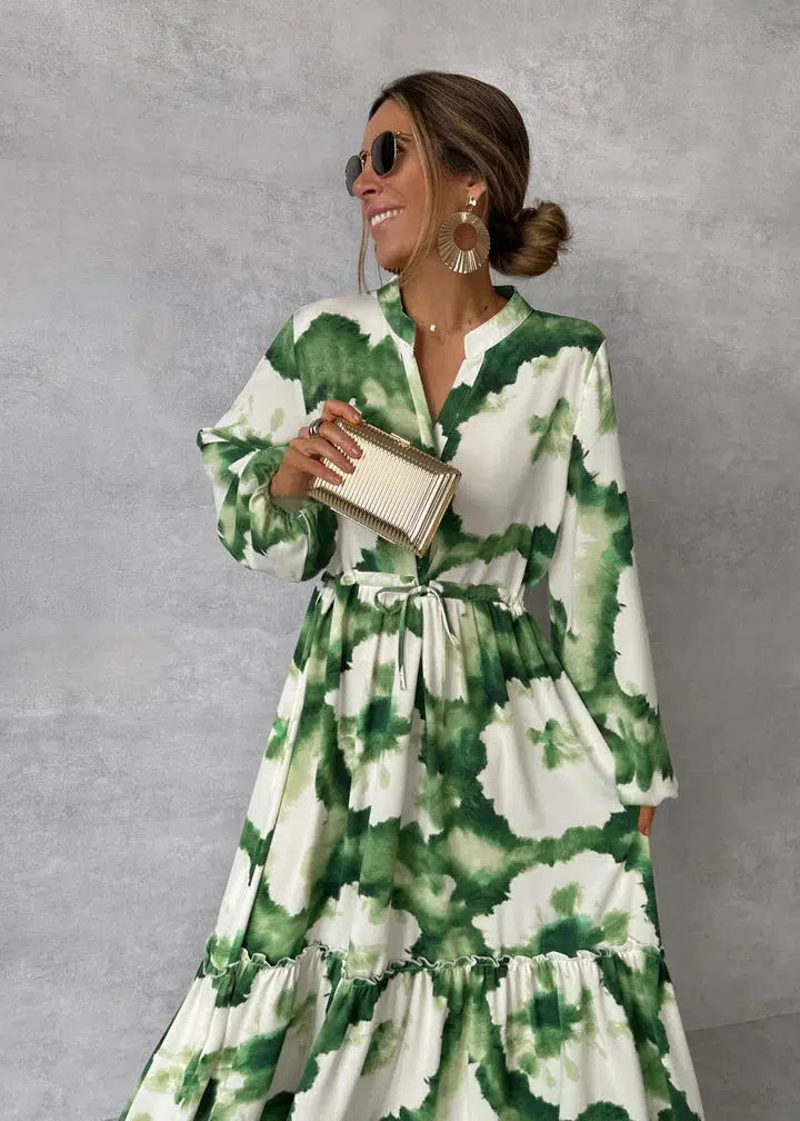 Women's Summer Floral Flowy Dress with V-neck and Long Sleeves