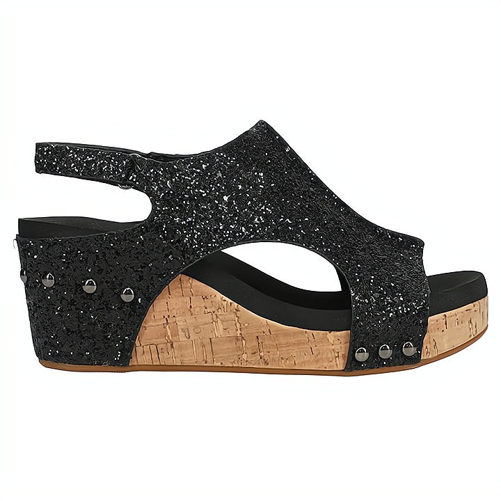 Women's Summer Cutout Wedge Sandals with Stud Accents and Glitters