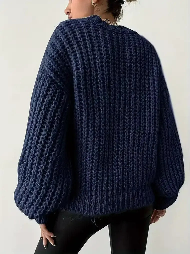 Women's Balloon Sleeve Cable Knit Sweater with Ribbed Trim