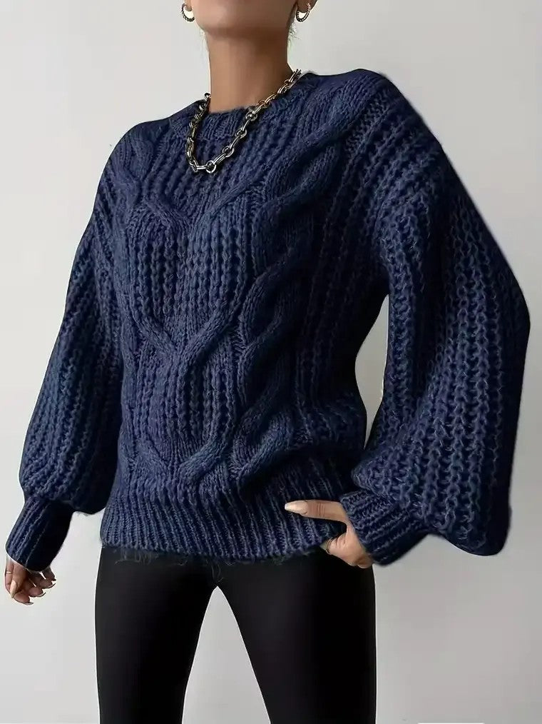 Women's Balloon Sleeve Cable Knit Sweater with Ribbed Trim