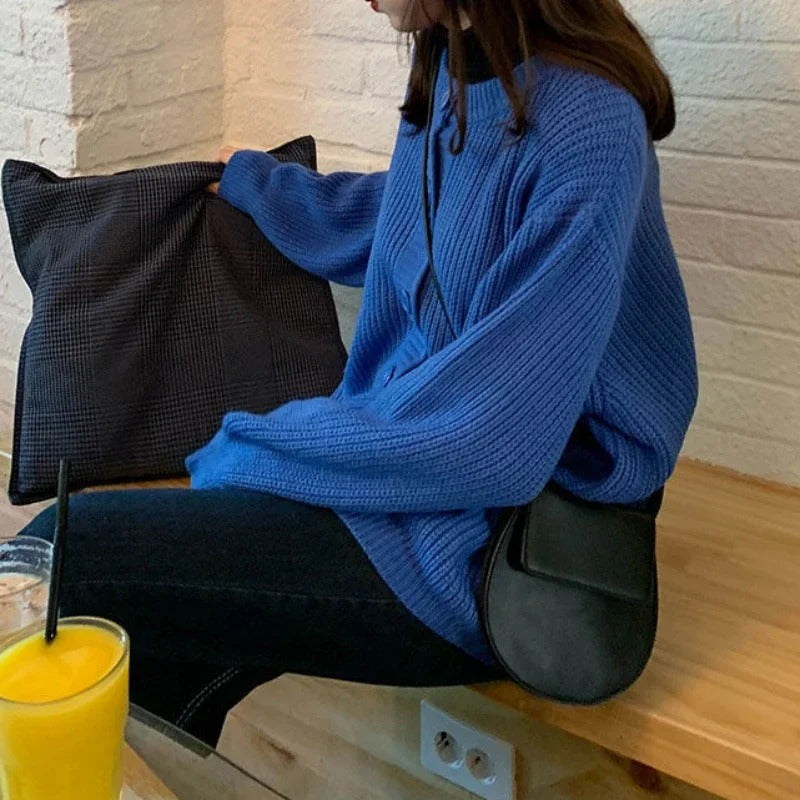 Women's Blue Oversized Ribbed Cardigan