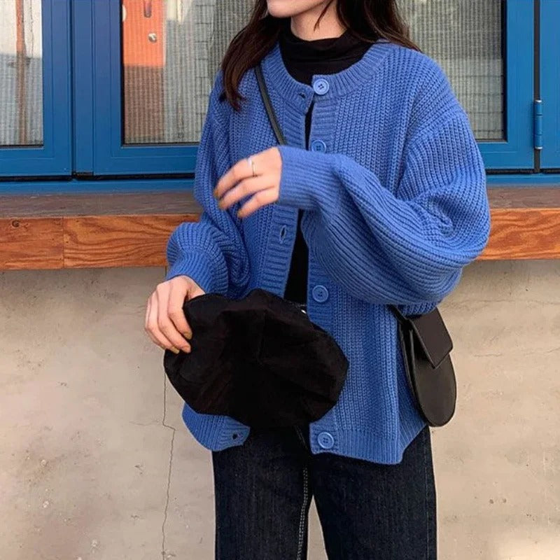 Women's Blue Oversized Ribbed Cardigan