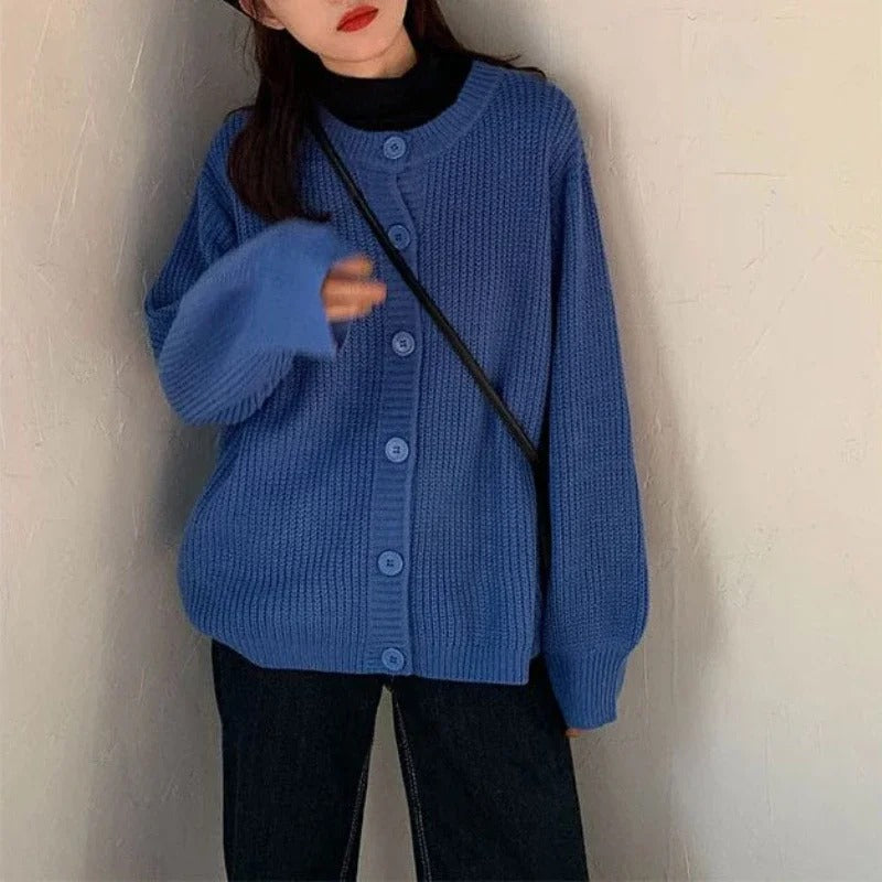 Women's Blue Oversized Ribbed Cardigan