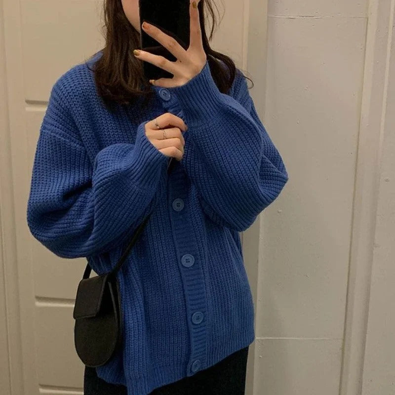 Women's Blue Oversized Ribbed Cardigan