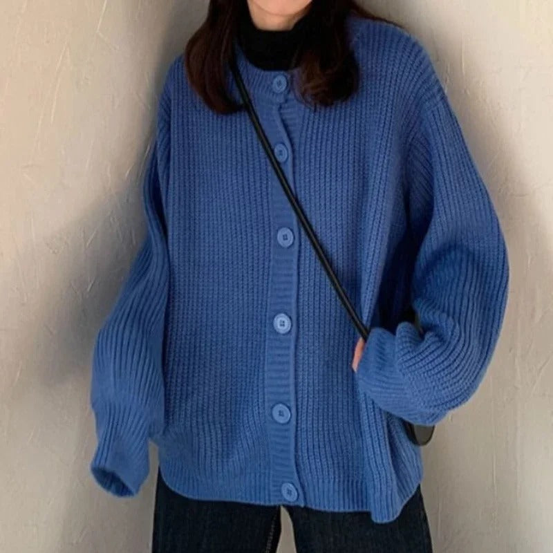 Women's Blue Oversized Ribbed Cardigan