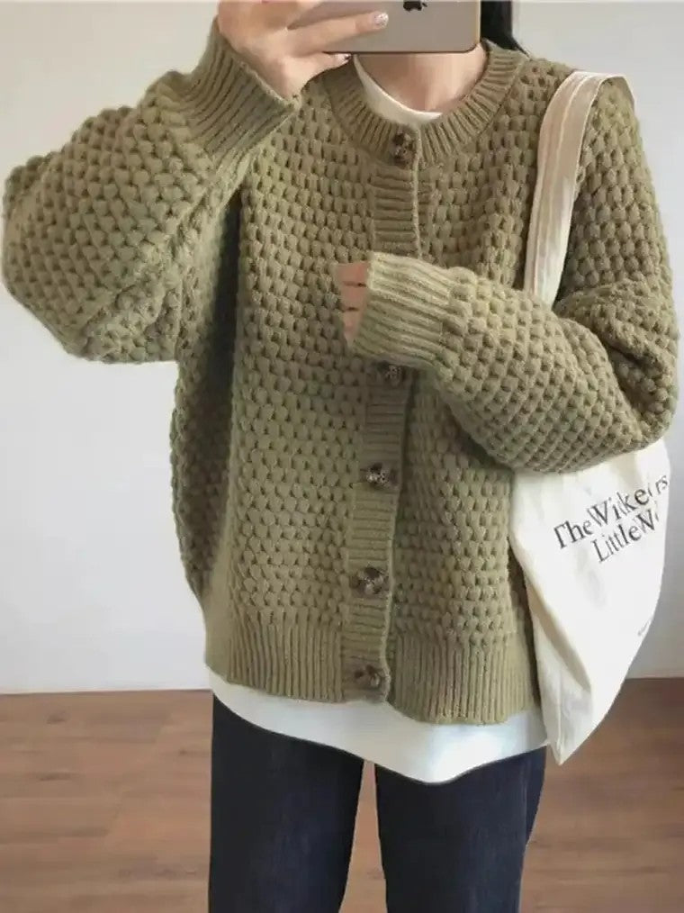 Women's Bobble Stitch Cardigan with Balloon Sleeves