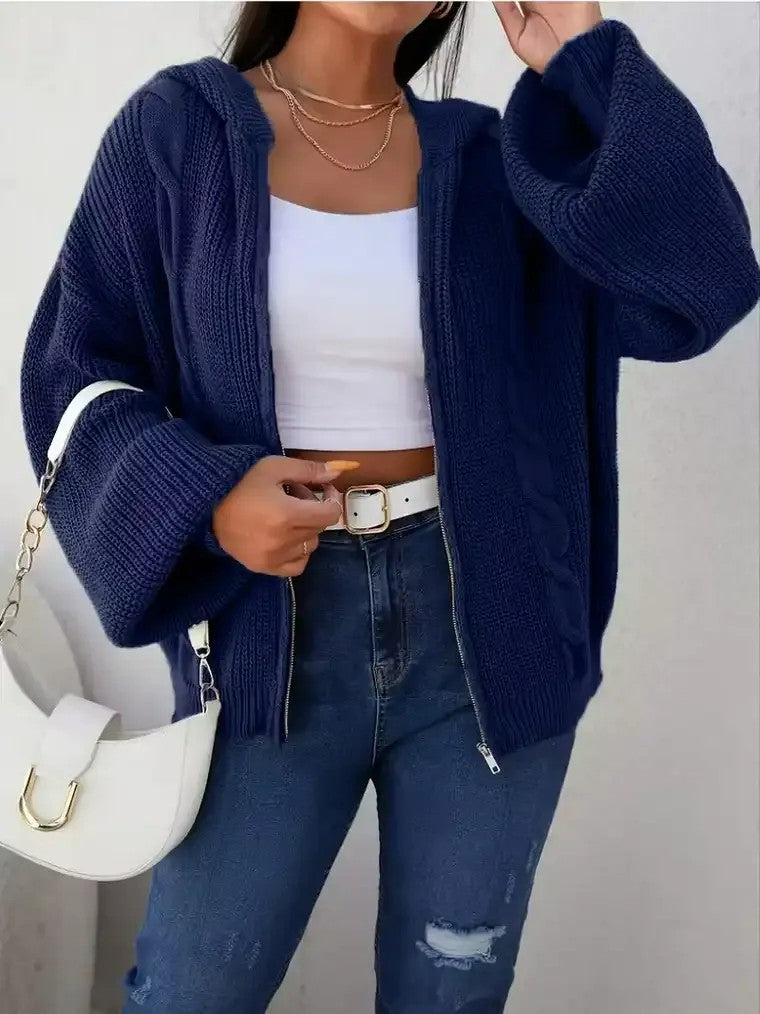 Women's Cable-Knit Hooded Zip Cardigan