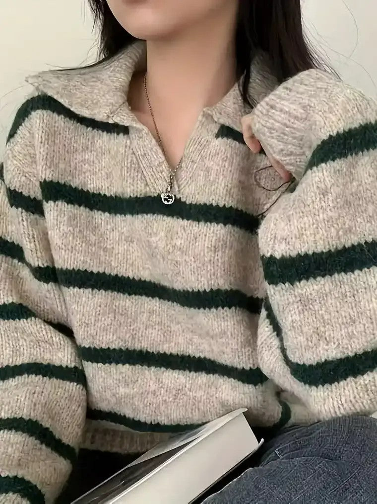 Women's Chunky Knit Sweater with Lapel Collar