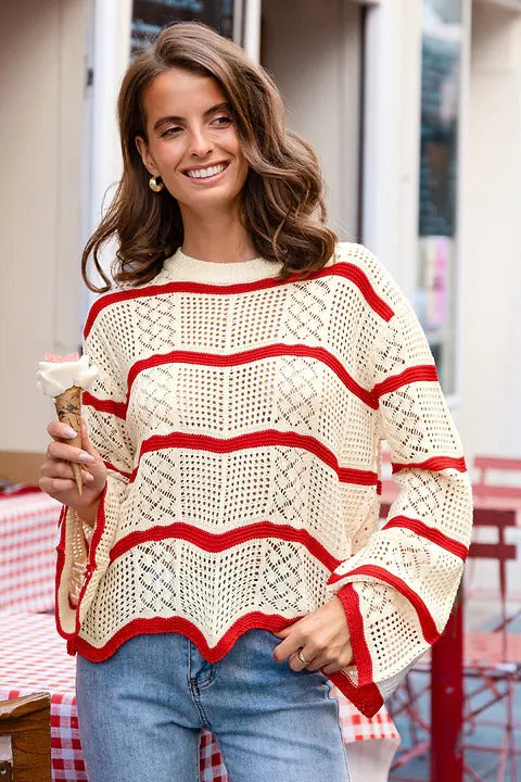Women's Cream & Red Striped Bell-Sleeve Sweater