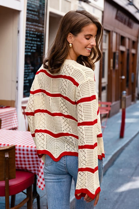 Women's Cream & Red Striped Bell-Sleeve Sweater