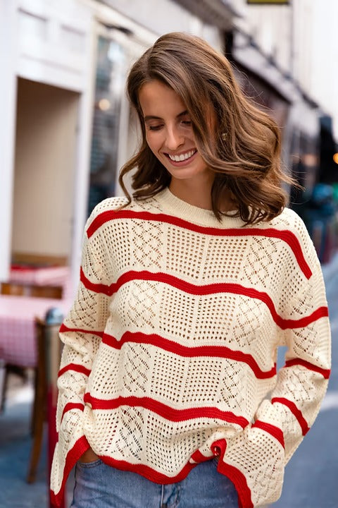 Women's Cream & Red Striped Bell-Sleeve Sweater