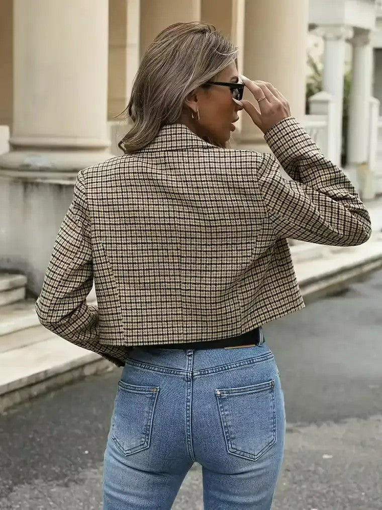 Women's Cropped Double-Breasted Plaid Blazer