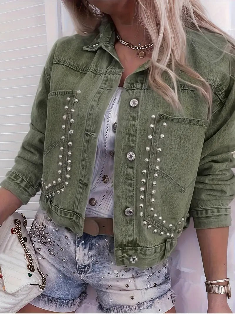 Women's Cropped Studded Denim Jacket