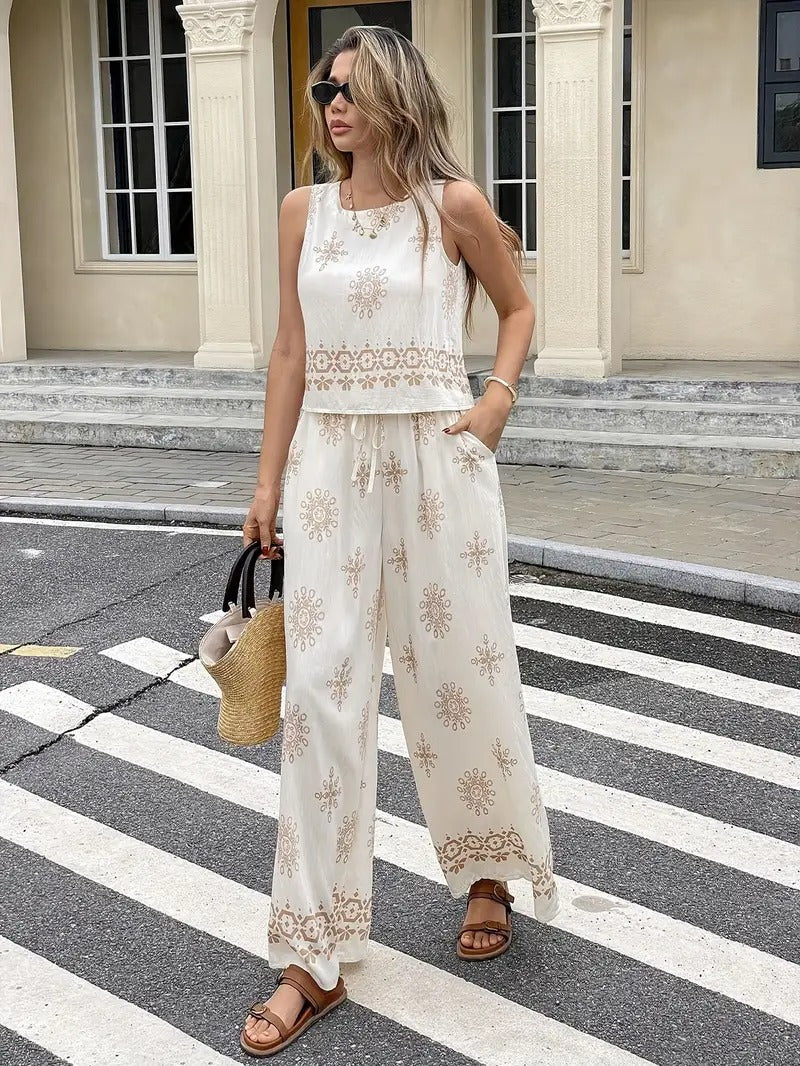 Women's Floral Print Top and Wide-Leg Pants Set