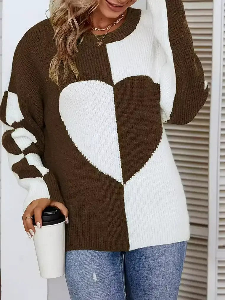 Women's Graphic Knit Sweater with Checkerboard and Heart Design
