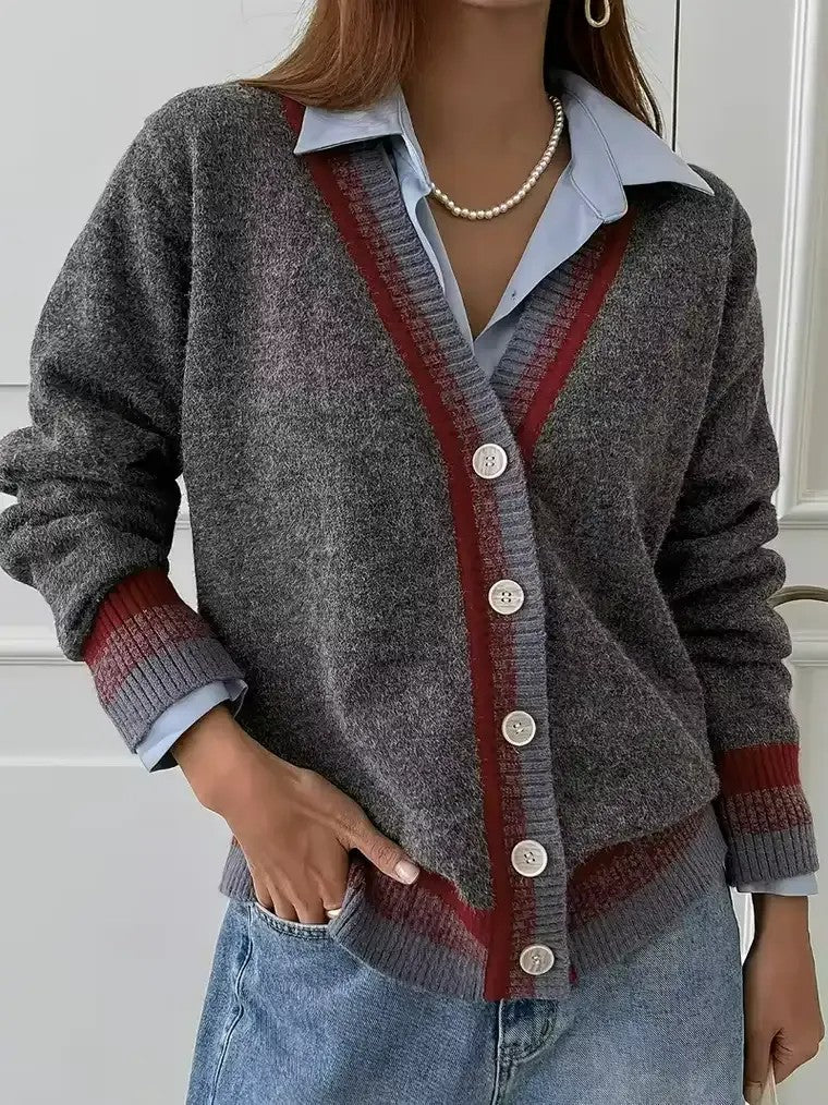Women's Gray V-neck Striped Cardigan
