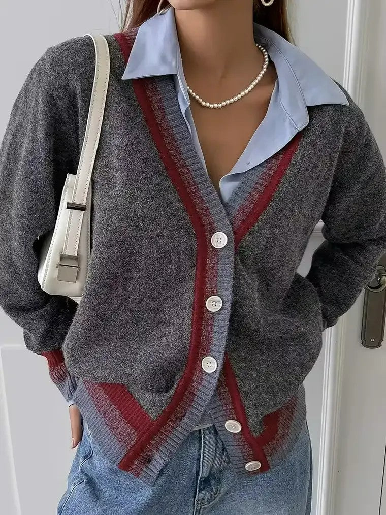 Women's Gray V-neck Striped Cardigan