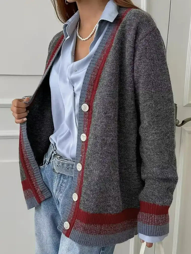Women's Gray V-neck Striped Cardigan
