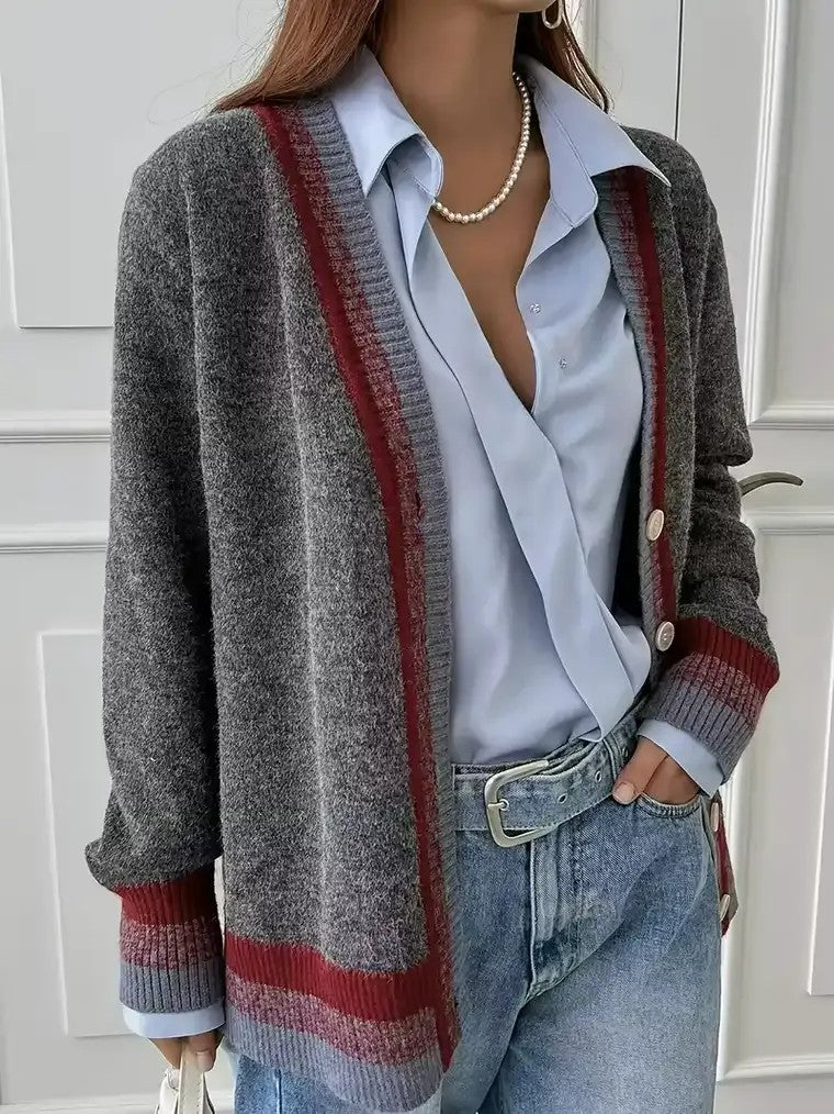 Women's Gray V-neck Striped Cardigan