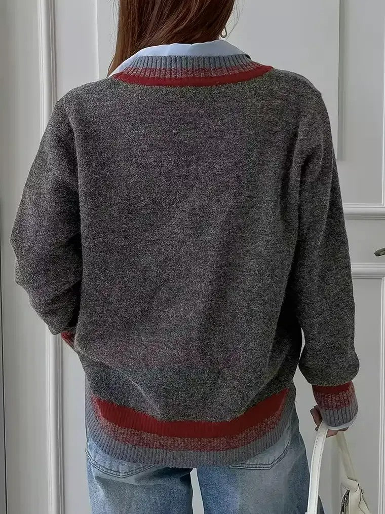 Women's Gray V-neck Striped Cardigan