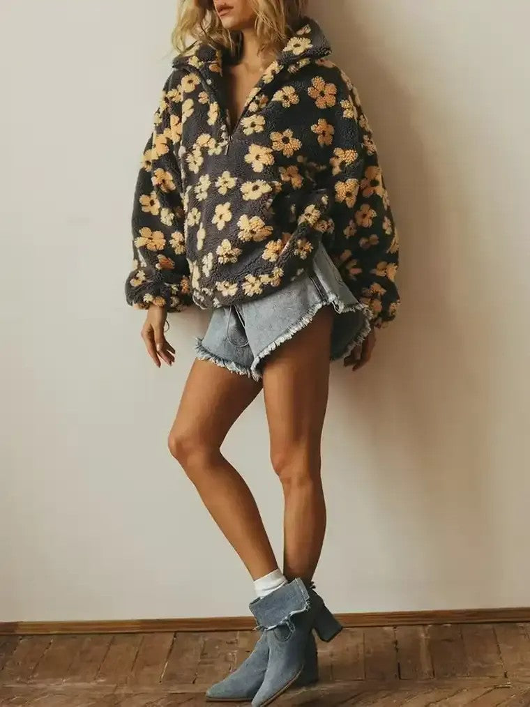 Women's Half-Zip Collared Sweater with Kangaroo Pocket