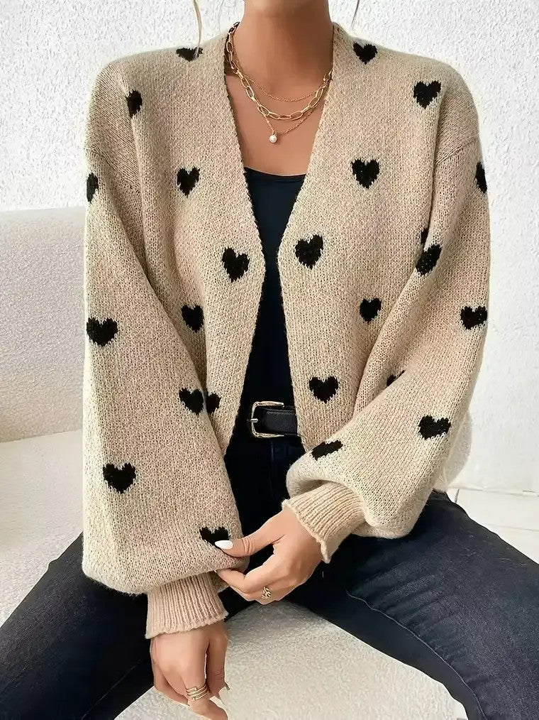 Women's Heart Pattern V-neck Cardigan