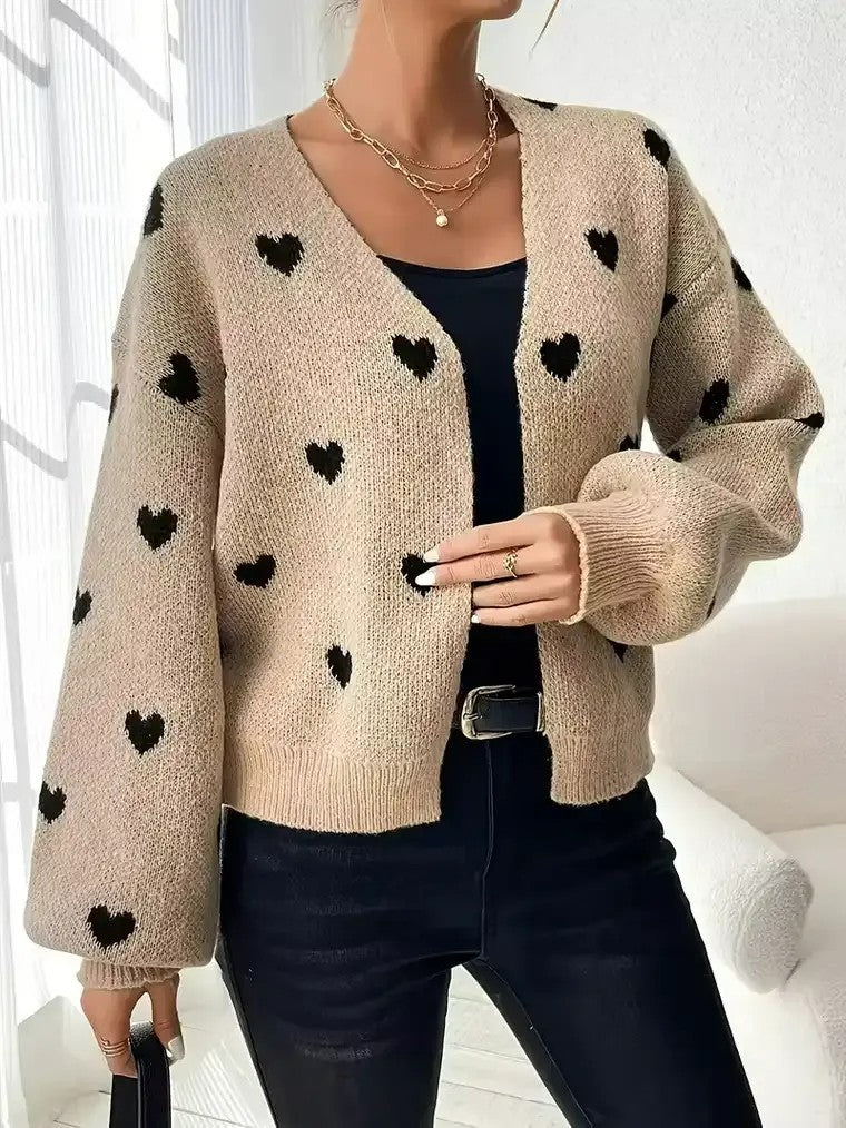 Women's Heart Pattern V-neck Cardigan