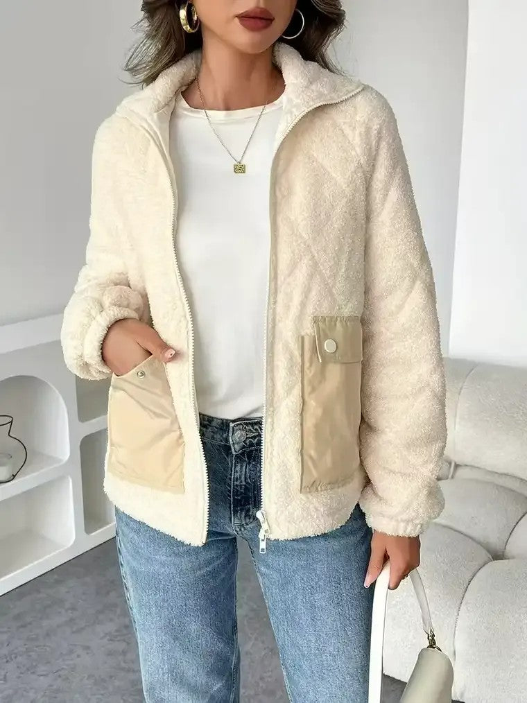 Women's High-Collar Teddy Jacket with Flap Pockets