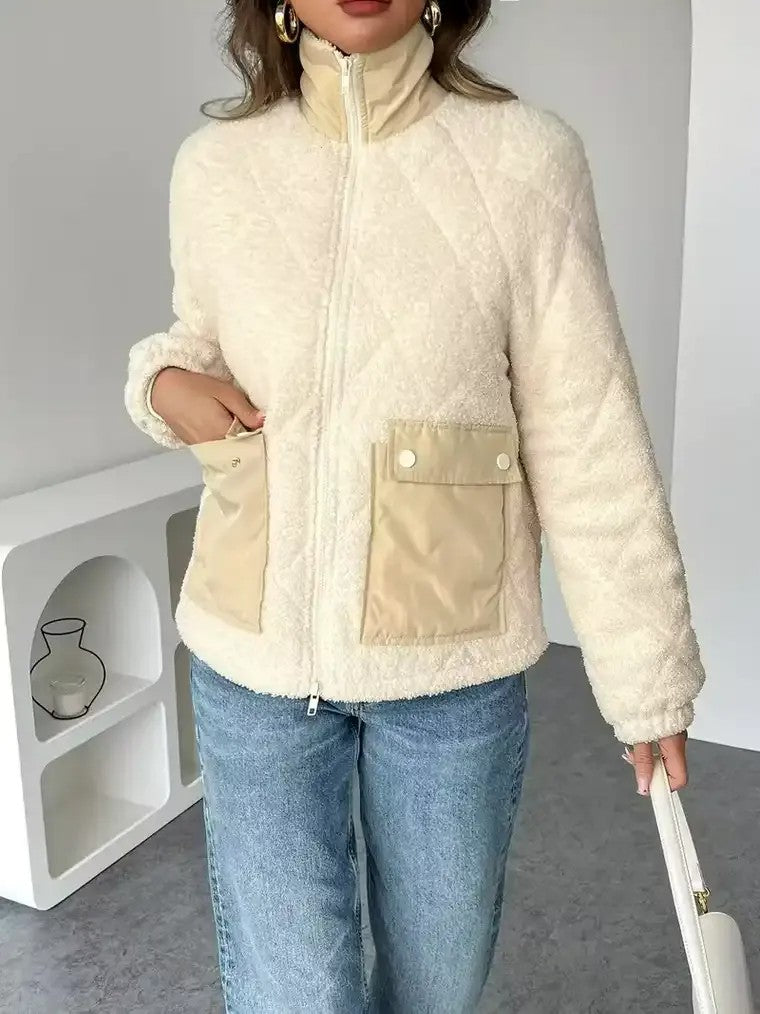 Women's High-Collar Teddy Jacket with Flap Pockets