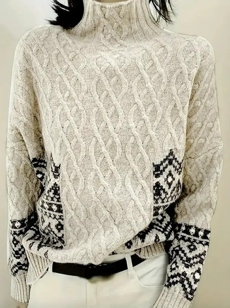 Women's High-Neck Cable Knit Sweater with Geometric Accents